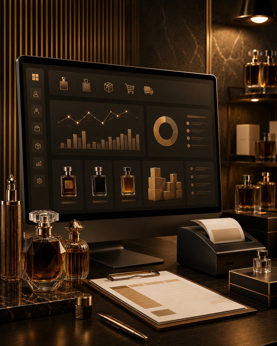 واجهة برنامج صناعة العطور مع شاشة تحكم وفواتير وعطور